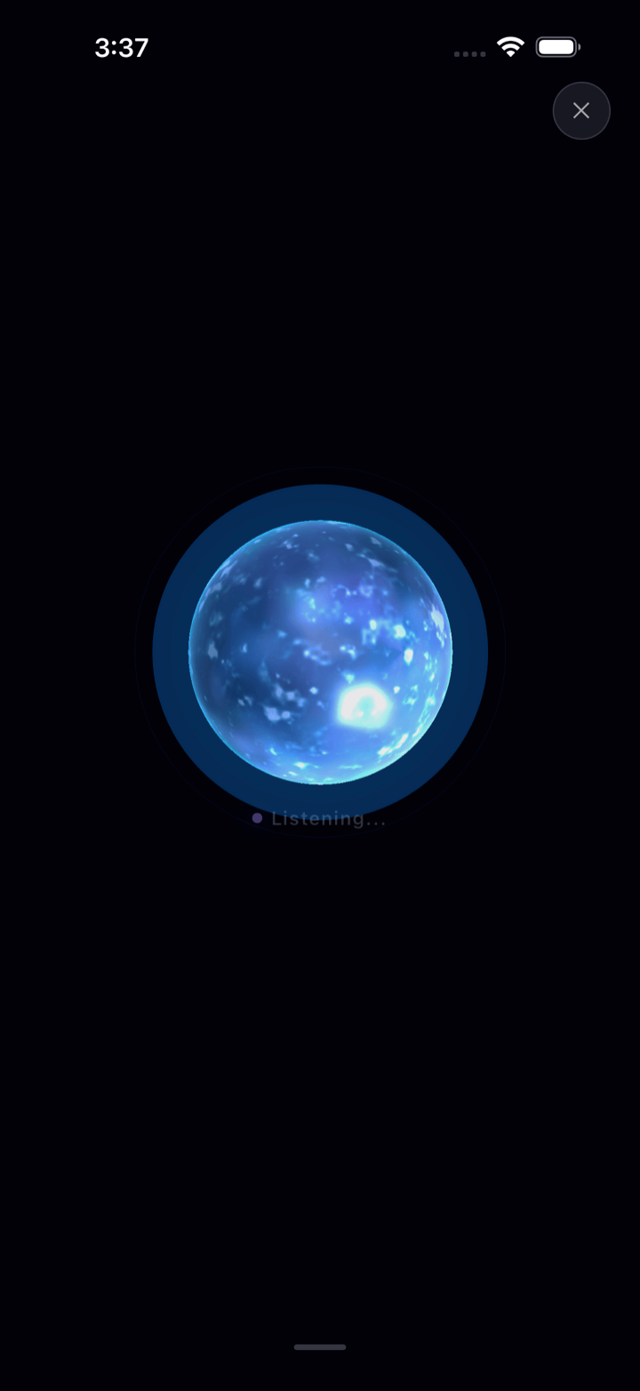 The Lila app on a phone: a single glowing orb on a dark screen, labelled "Listening…", with nothing else on it.